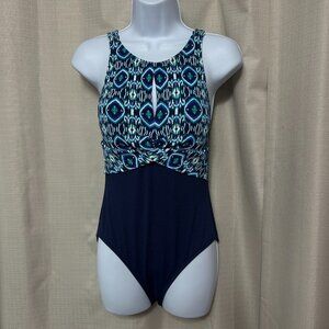 Tommy Bahama Island Cays Ikat Hi Neck One Piece Swimsuit Women's Size 6 Blue NWT